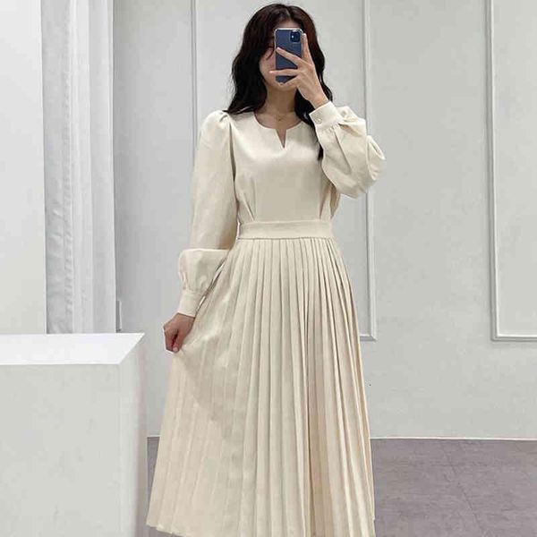 

woman elegant dress spring simple temperament v-neck design puff sleeves waist long solid color pleated dress, Black;gray