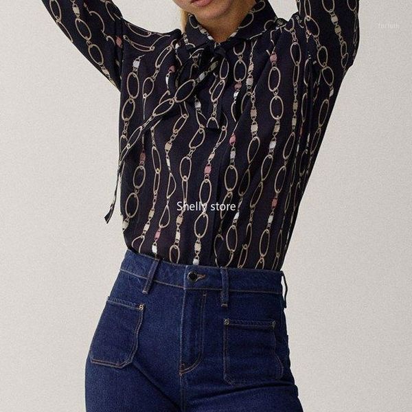 

women shirt 2020 new autumn chain print neckline tie shirt1, White