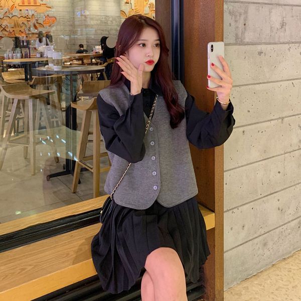 

women 2 pieces set vest and dress suits autumn korean suit fabric pleated long sleeve knee length dress knitted fashion, Gray