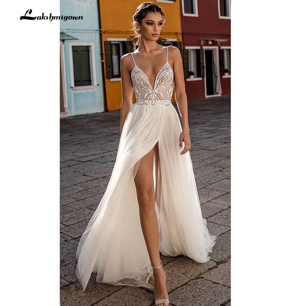 

side split beach wedding dresses spaghetti illusion boho a-line wedding dresses pearls backless bohemian bridal gowns, White