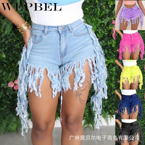 

wepbel women tassel denim shorts fashion high waist short jeans shorts skinny summer, Blue