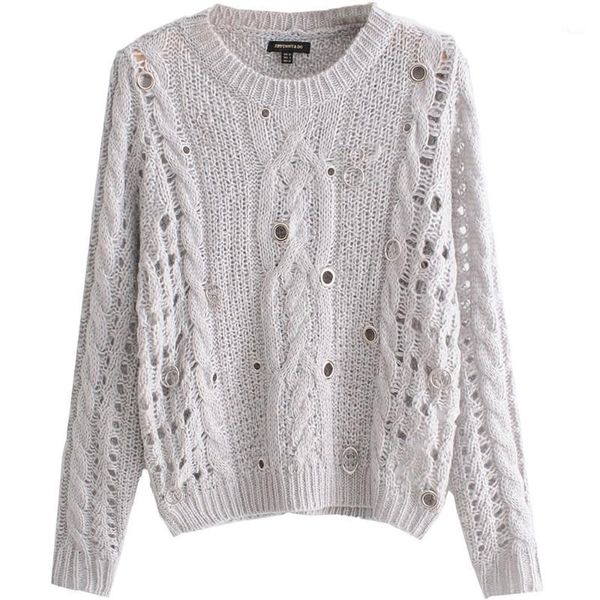 

women's new metal clasp decoration in early spring 2020 eight strand pullover hollow loose knit sweater 081461028001, White;black