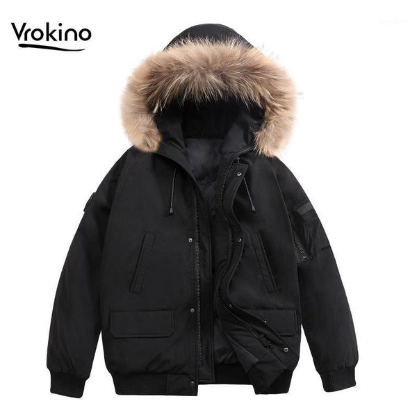 

2020 new men's winter warm detachable fur collar jacket fashion male short white duck down plus size down jacket1, Black