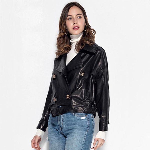

women's leather & faux loose jacket 2021 autumn black short pu jackets for female motorcycle biker outerwear