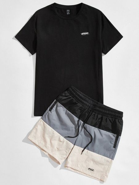 

men letter graphic tee & drawstring waist shorts set v4gs#, Gray
