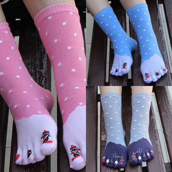 

smcqz five finger women's all cotton split split toe toenail cartoon medium tube autumn and winter new warm toe socks toenail printing, Black