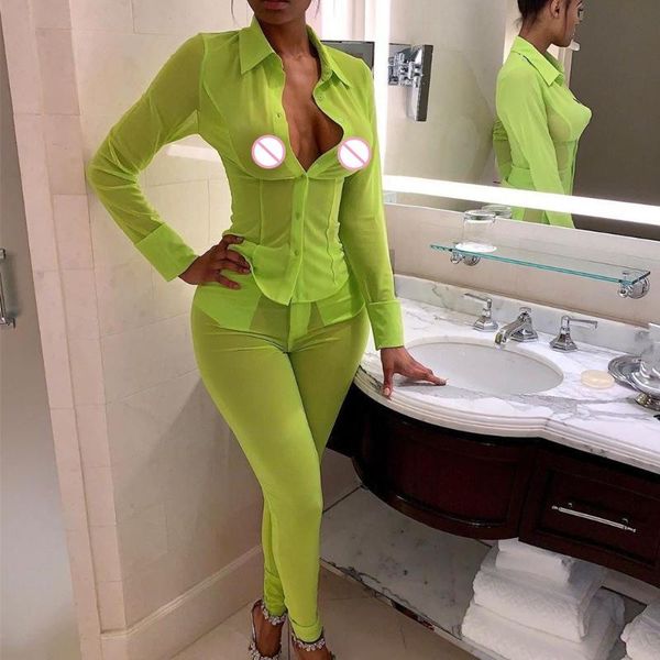 

women transparent two piece set 2020 long sleeve pencil pants summer suit casual party tracksuit, White