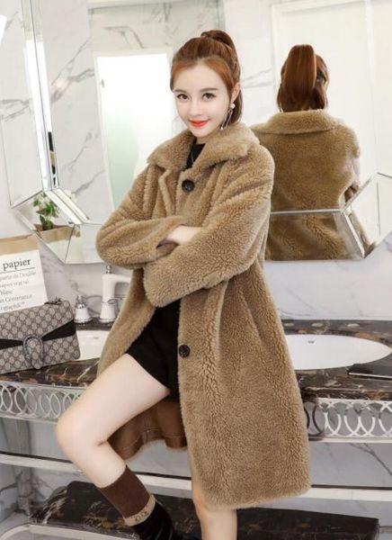

sheep shearing coat women's mid-length 2021 new slim padded lapel particle wool faux fur coat winter tide, Black