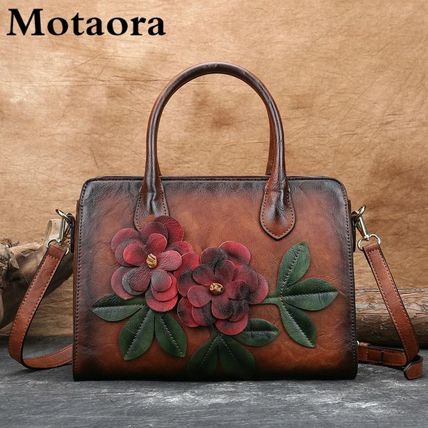 

motaora women's bag new retro handmade handbag genuine leather embossed shoulder bags for women large soft messenger bag female c0121