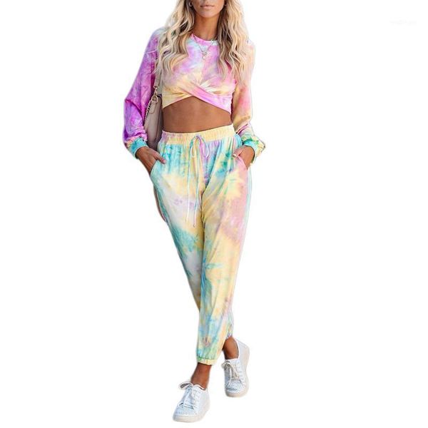 

autumn women´s tie-dye print suit round neck long sleeve crop and trousers winter suit1, Gray