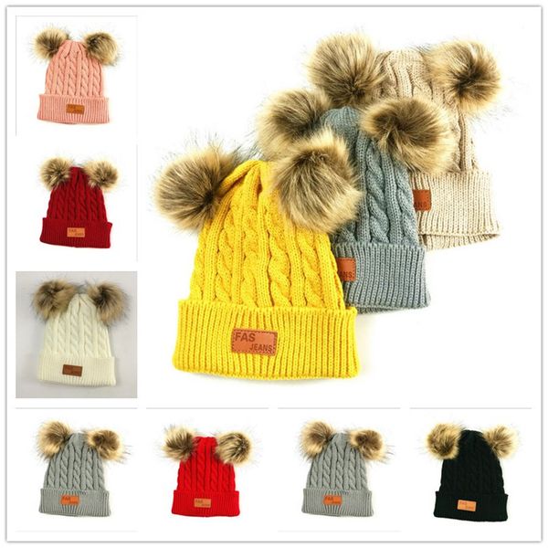 

child beanies winter infant newborn kids baby woolen knitted beanie skull cap two double pom pom beanie boys girl crochet hats e101003, Yellow