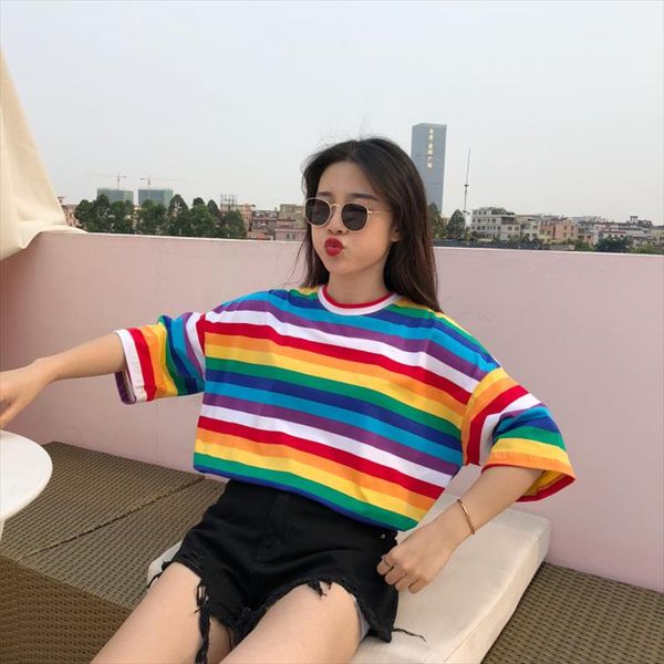 

t shirt women rainbow striped punk t shirt o neck casual harajuku tshirt short sleeve korean fashion shirt camiseta feminina top, White