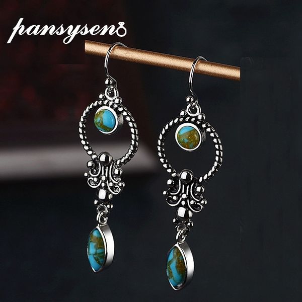 

pansysen vintage minimalist blue green turquoises dangle drop solid silver 925 jewelry anniversary earrings for women, Golden;silver