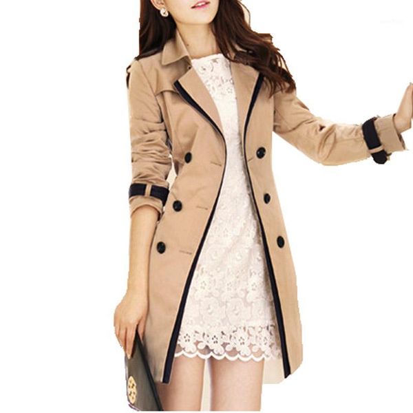 

oln women trench coat turn-down collar double breasted long coat plus size ladies clothing female windbreaker vintage hqb531, Tan;black