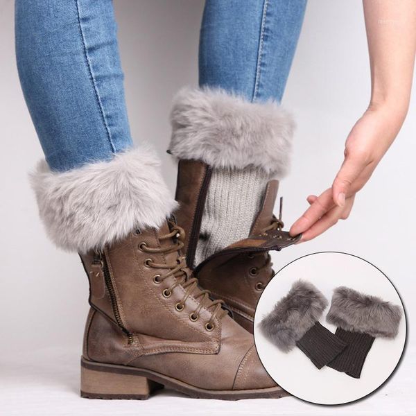 

womens winter warm crochet knit fur trim cuffs ers boot socks knitted boot cuffs fur accessories1, Black;white
