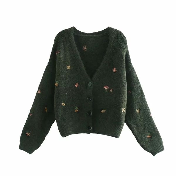 

2021 new green contrast embroidery knitted cardigan sweater women autumn winter vintage ribbed v neck long sleeve casual sweaters 4jzz, White;black