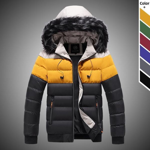 

fashion men hooded fur collar parkas 2020 winter men's thick warm parkas jackets male cotton thermal outdoor windproof outerwear1, Black