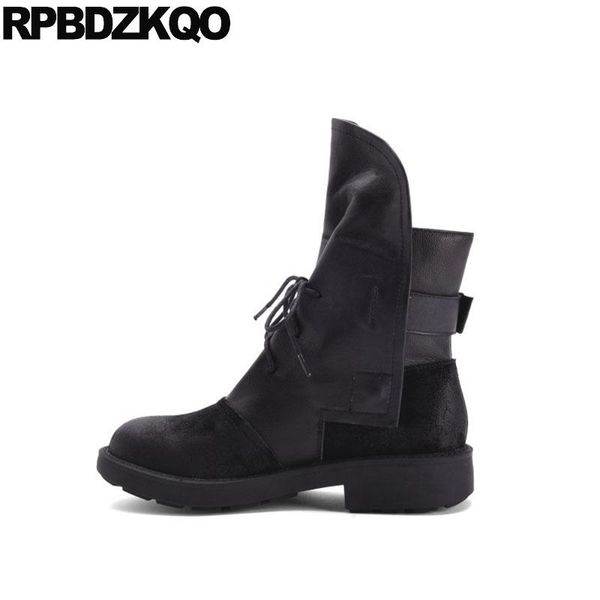 

boots black women round toe thick genuine leather fall shoes 2021 brand block chunky front lace up casual ankle autumn suede