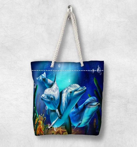 

else blue sea swimming dolphins fish new fashion white rope handle canvas bag cotton canvas zippered tote bag shoulder