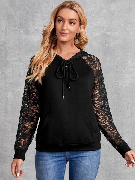 

emery rose lace raglan sleeve hoodie l3lw#, White;black