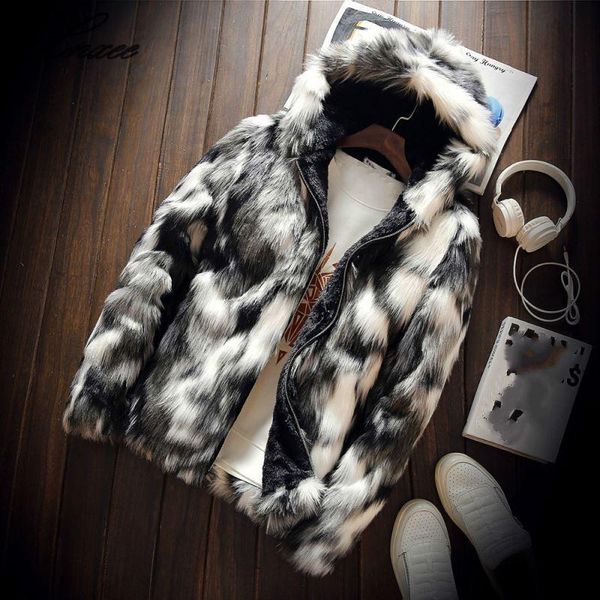 

winter fashion fur coat men's clothing thick faux fur zipper jacket hooded jacket, Black