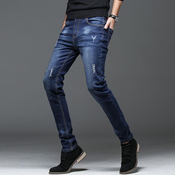

men's jeans fashion casual zipper slim fit denim jogging stretch blue cotton pencil men