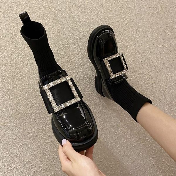 

lady boots rock обувь женщина кожа пинетки круглый toe boots-женщины роскошные дизайнера на низком каблуке ботильоны кристалл женские 2020, Black