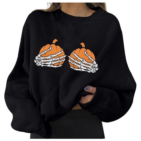 

womens blouse halloween pumpkin lantern face skeleton print sweatshirt new casual crewneck long sleeve loose pullover a80, Black