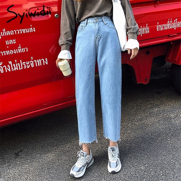 

skyblue mom jeans women high waist denim pants vintage tassel washed harem pants casual black white plus size boyfriend jean, Blue