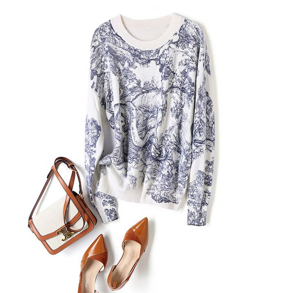 

european and american women's wear 2020 winter new style long sleeve round neck landscape print fashion wool sweater, White;black