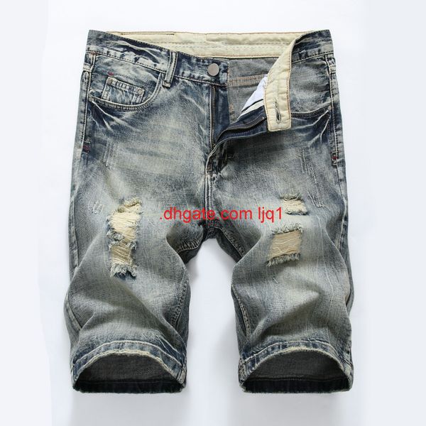 

men's jeans shorts slim straight washing hole men's jeans pants capris, Blue