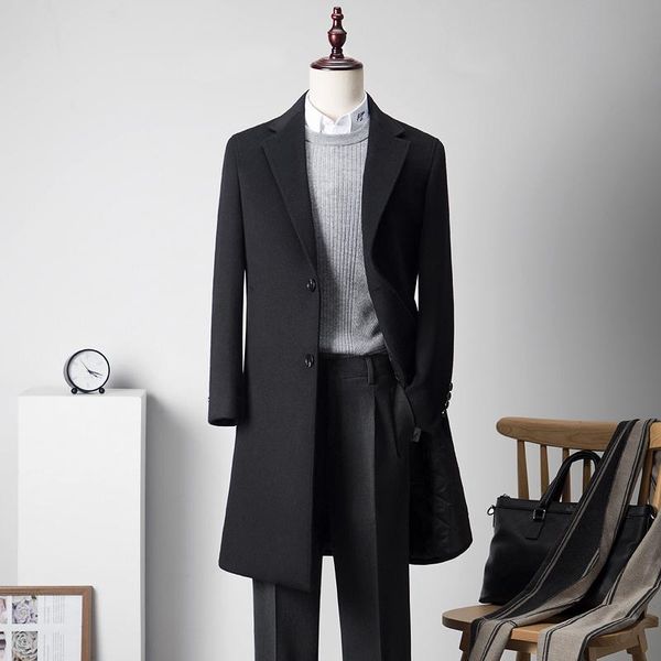 

men's wool & blends shan bao slim long coat winter brand clothing luxury business gentleman two button black blue