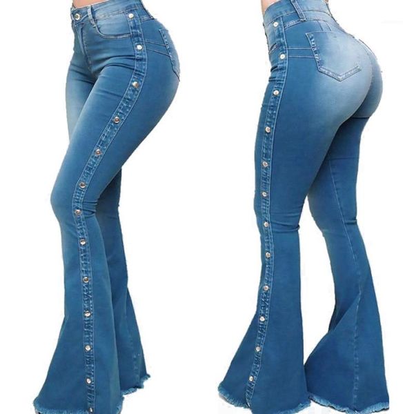 

slim washed skinny denim pants stretchy floor length women pants high waist women flare jeans fashion, Blue