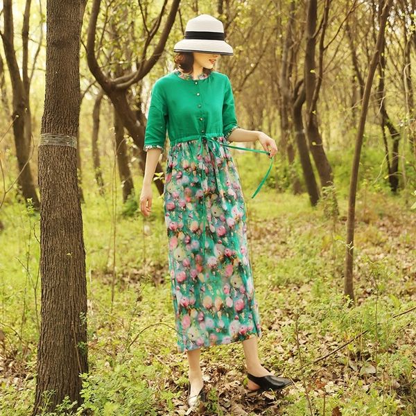 

xspwe 2020 новый хлопок и лен twist длинные цветочные платья женские юбки половина рукава юбка длиной по колено и высокой талии белье больши, Black;gray