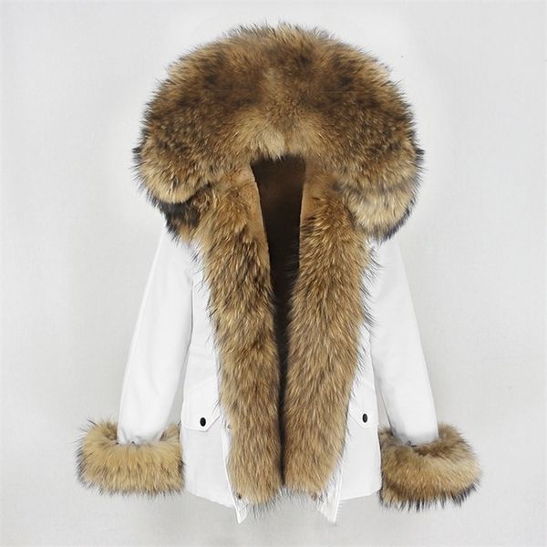 Oftbuy novo impermeável parka curto inverno jaqueta mulheres real natural guaxinim gola de pele capa casaco quente streetwear destacável 201103