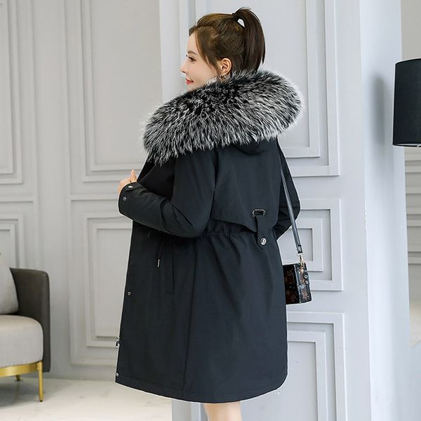 

slim long parkas female winter solid hooded casual women's winter jacket plus size thick wool liner with fur collar outwear 201028, Black