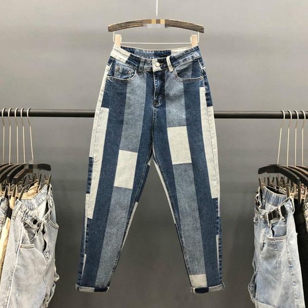 

ewq] 2020 autumn woman jeans high waist elastic harem pants europen style geometric panelled spliced blue denim trousers women