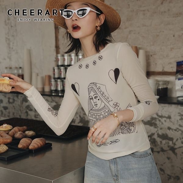 Cheerart Mesh T Shirt Donna Manica lunga Poker Stampa Vedere attraverso l'estate Top Fashion Graphic Tees Shirt Femme 201028