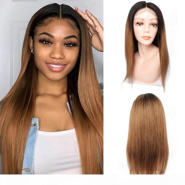 

100% human hair 4*4 lace frontal wig 180% density honey blond with dark roots color wig, Black;brown