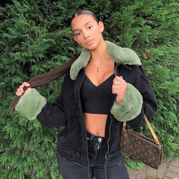 

2020 new autumn and winter denim stitching mao mao collar detachable loose zipper casual cardigan fashion windproof warm coat, Black;brown