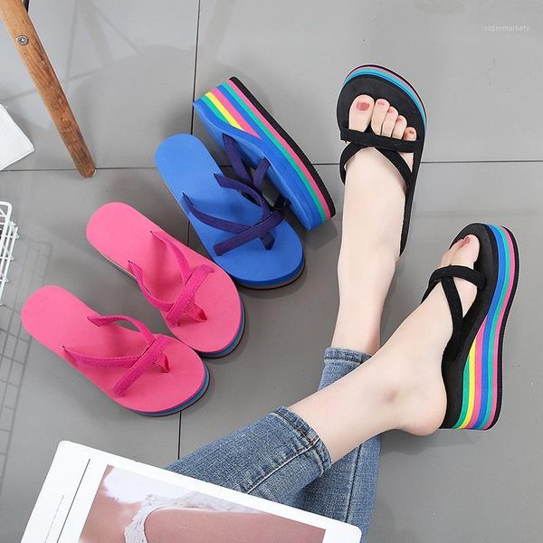 

summer new wedge flip flop women slippers color matching rainbow bottom high-heeled slippers non-slip beach shoe sandals t021, Black