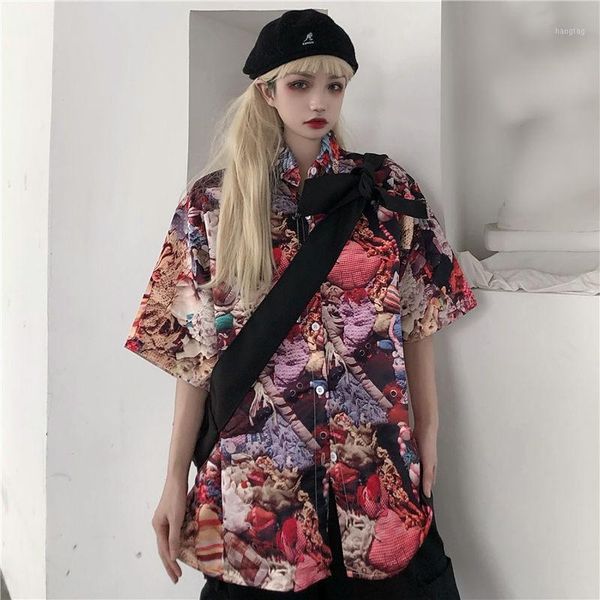 

kpop short sleeve hip hop turn-down collar plus size blouse women 2020 summer vintage korean fashion clothing shirts1, White