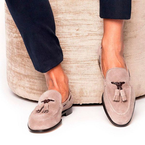 

men fringe tassel loafers nude pink suede leather casual shoes, Black