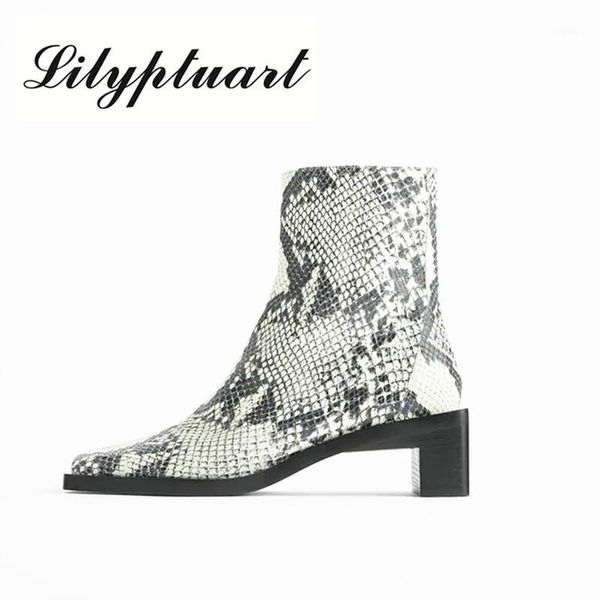 

european and american style square toe fashion short boots thick heel mid-heel zipper snake print women's shoes ankle boots1, Black