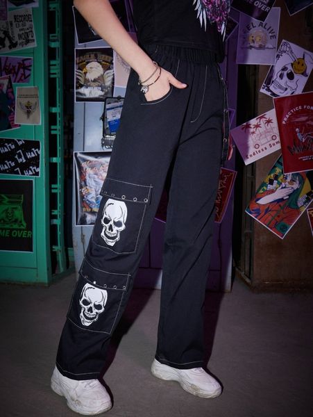 

romwe skull graphic pocket pants r04x#, Black;white