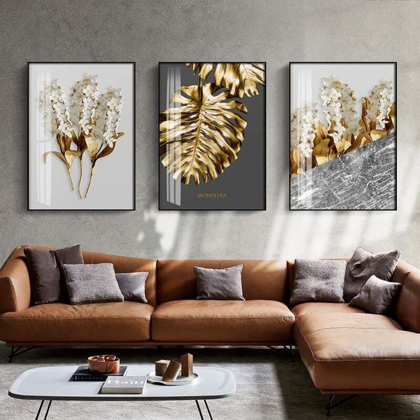 

3 panels nordic golden leaf flower abstract wall art canvas painting scandinavian posters prints wall picture for living room decor