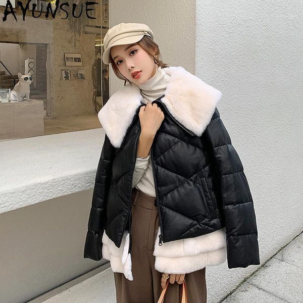 

ayunsue 100% genuine leather jacket women short sheepskin coat female warm down jackets rex fur collar 2020 femme veste1, Black