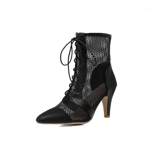 

spring autumn mesh sandals ankle boots women pointed toe stiletto heels fashion lace up party shoes size 32-47 fv-1101, Black