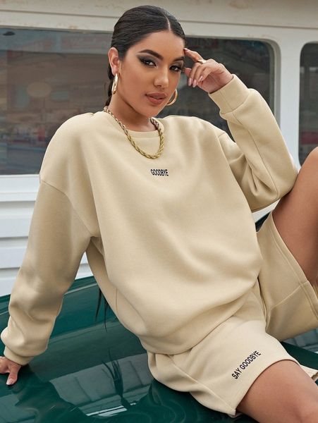 

drop shoulder letter graphic pullover & shorts set c4tn#, White