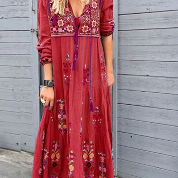 

bohemian positioning print floral patchwork fashion drawstring lace up long sleeve bohemian positioning print floral patchwork dress fashion, Black;gray